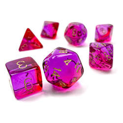 CHX26467 Red and Violet Gemini Translucent Dice with Gold Colored Numbers 7 Dice Set 16mm (5/8in) (ONLINE ORDER ONLY)