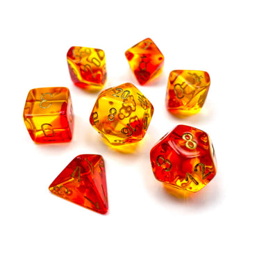 CHX26468 Red and Yellow Gemini Translucent Dice with Gold Colored Numbers 7 Dice Set 16mm (5/8in) (ONLINE ORDER ONLY)