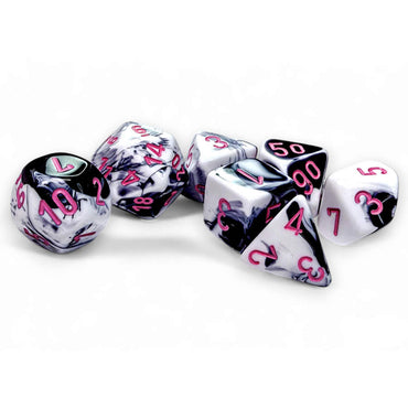 CHX26469 Black and White Gemini Dice with Pink Colored Numbers 7 Dice Set 16mm (5/8in) (ONLINE ORDER ONLY)