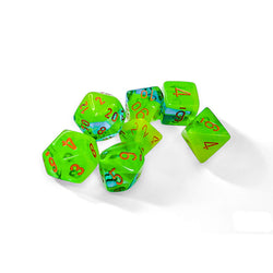 CHX26470 Plasma Green and Teal Gemini Luminary Dice with Orange Numbers 7 Dice Set 16mm (5/8in) (ONLINE ORDER ONLY)