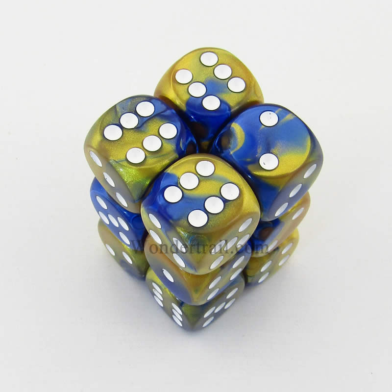 CHX26622 Blue Gold Gemini Dice White Pips D6 16mm (5/8in) Pack of 12 (ONLINE ORDER ONLY)