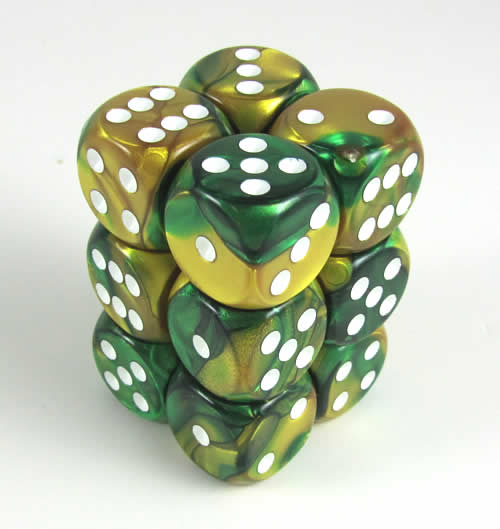 CHX26625 Gold Green Gemini Dice White Pips D6 16mm (5/8in) Pack of 12 (ONLINE ORDER ONLY)