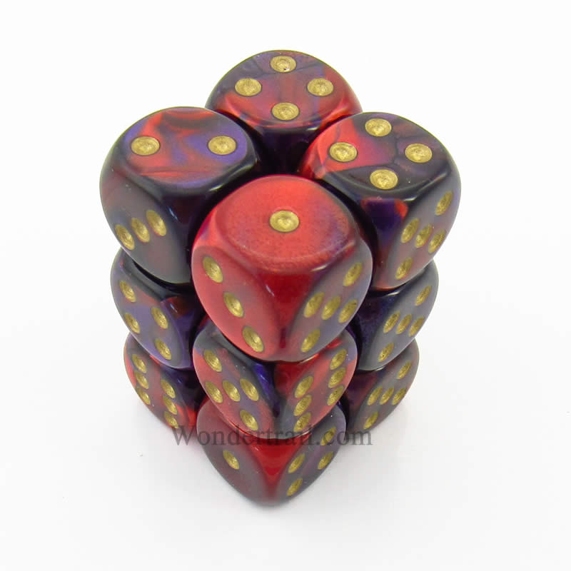 CHX26626 Purple Red Gemini Dice Gold Pips D6 16mm (5/8in) Pack of 12 (ONLINE ORDER ONLY)