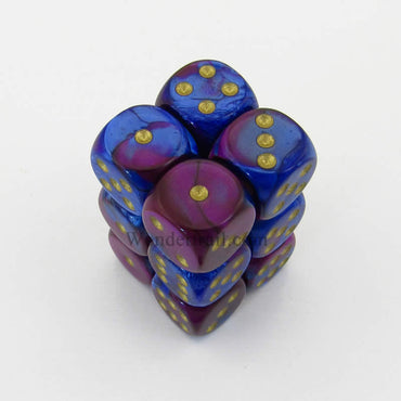CHX26628 Blue Purple Gemini Dice Gold Pips D6 16mm (5/8in) Pack of 12 (ONLINE ORDER ONLY)