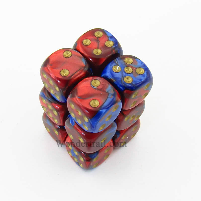 CHX26629 Blue Red Gemini Dice Gold Pips D6 16mm (5/8in) Pack of 12 (ONLINE ORDER ONLY)