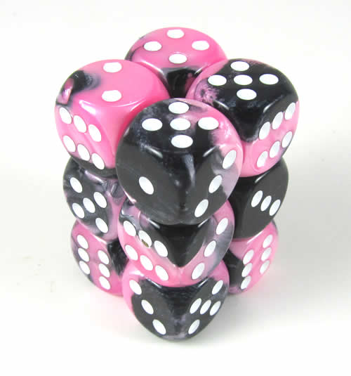 CHX26630 Black Pink Gemini Dice White Pips D6 16mm (5/8in) Pack of 12 (ONLINE ORDER ONLY)