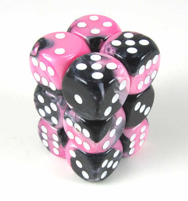 CHX26630 Black Pink Gemini Dice White Pips D6 16mm (5/8in) Pack of 12 (ONLINE ORDER ONLY)