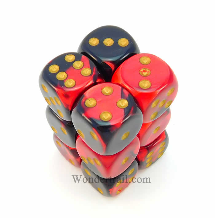 CHX26633 Black Red Gemini Dice Gold Pips D6 16mm (5/8in) Pack of 12 (ONLINE ORDER ONLY)