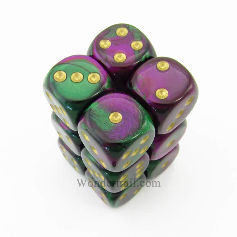CHX26634 Green Purple Gemini Dice Gold Pips D6 16mm (5/8in) Pack of 12 (ONLINE ORDER ONLY)