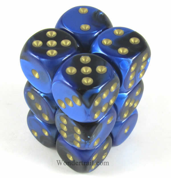 CHX26635 Black Blue Gemini Dice Gold Pips D6 16mm (5/8in) Pack of 12 (ONLINE ORDER ONLY)