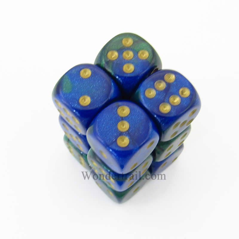 CHX26636 Blue Green Gemini Dice Gold Pips D6 16mm (5/8in) Pack of 12 (ONLINE ORDER ONLY)