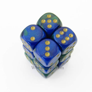 CHX26636 Blue Green Gemini Dice Gold Pips D6 16mm (5/8in) Pack of 12 (ONLINE ORDER ONLY)