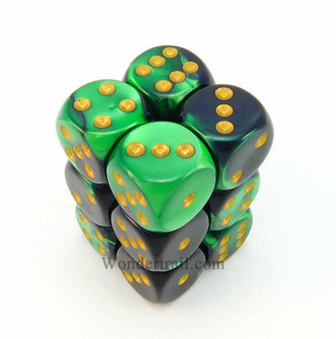 CHX26639 Black Green Gemini Dice Gold Pips D6 16mm (5/8in) Pack of 12 (ONLINE ORDER ONLY)