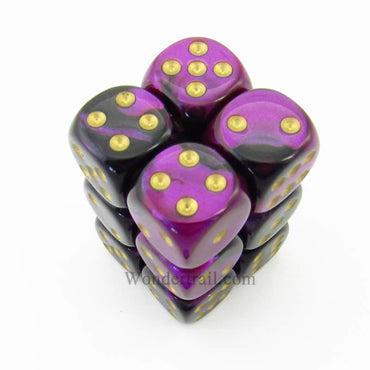 CHX26640 Black Purple Gemini Dice Gold Pips D6 16mm (5/8in) Pack of 12 (ONLINE ORDER ONLY)