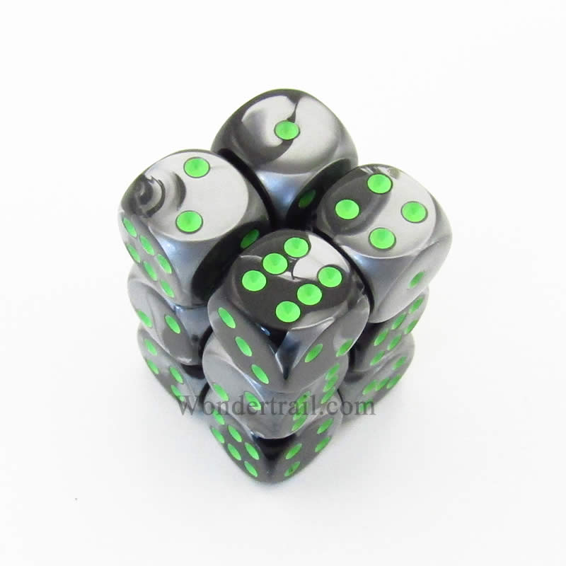 CHX26645 Black Gray Gemini Dice Green Pips D6 16mm (5/8in) Pack of 12 (ONLINE ORDER ONLY)