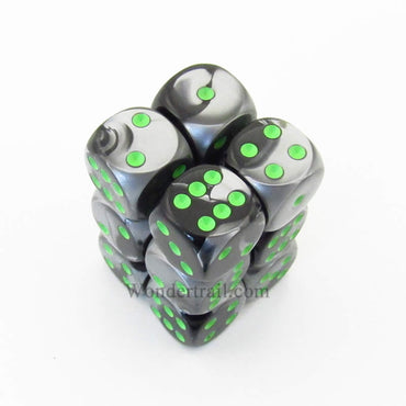 CHX26645 Black Gray Gemini Dice Green Pips D6 16mm (5/8in) Pack of 12 (ONLINE ORDER ONLY)