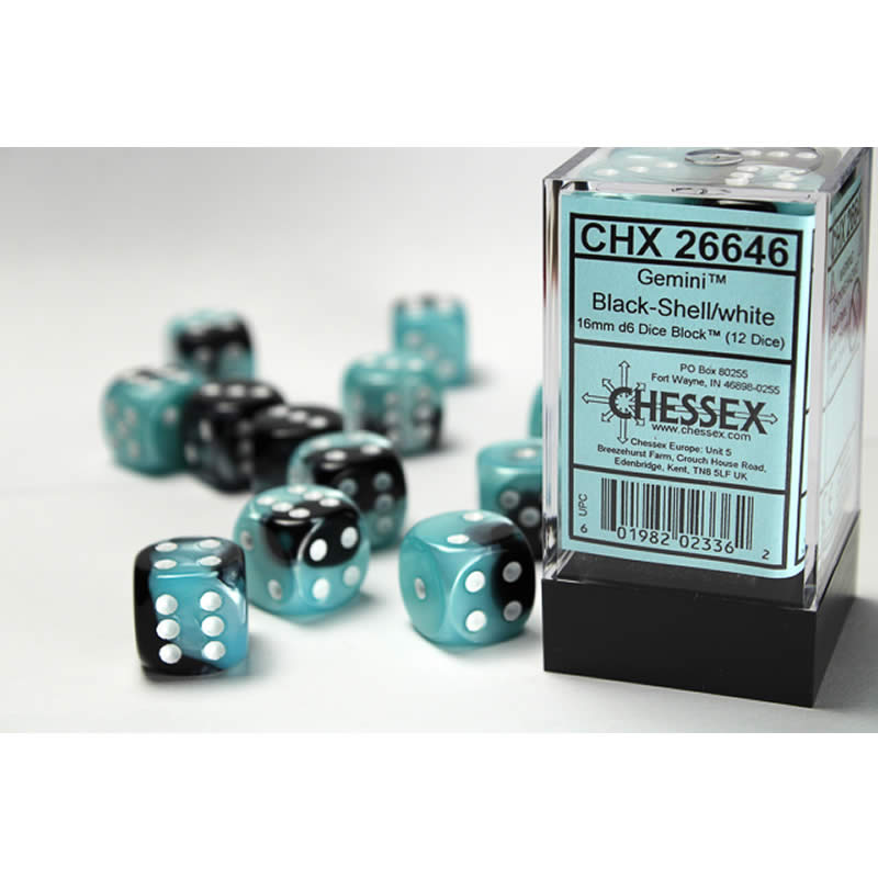 CHX26646 Black and Shell Gemini Dice with White Pips D6 16mm (5/8in) Pack of 12 (ONLINE ORDER ONLY)