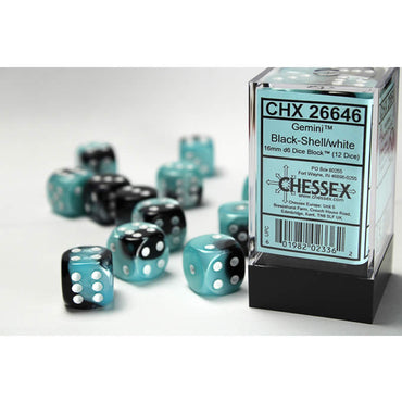 CHX26646 Black and Shell Gemini Dice with White Pips D6 16mm (5/8in) Pack of 12 (ONLINE ORDER ONLY)