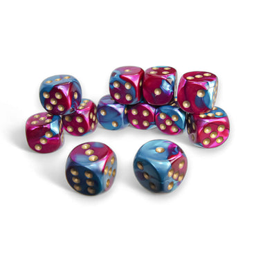 CHX26649 Purple and Teal Gemini Dice with Gold Pips D6 16mm (5/8in) Pack of 12 Dice (ONLINE ORDER ONLY)