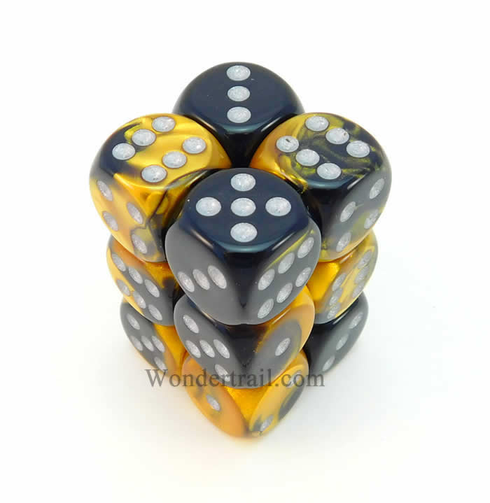 CHX26651 Black Gold Gemini Dice Silver Pips D6 16mm (5/8in) Pack of 12 (ONLINE ORDER ONLY)