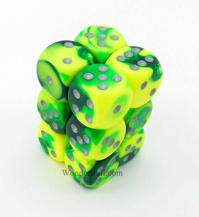 CHX26654 Green Yellow Gemini Dice Silver Pips D6 16mm (5/8in) Pack of 12 (ONLINE ORDER ONLY)