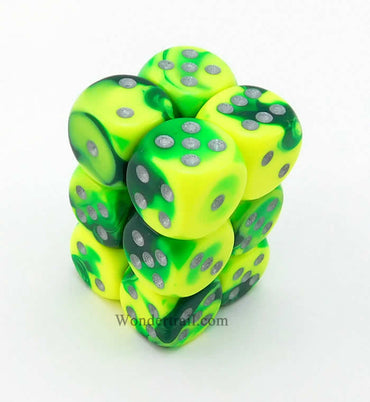 CHX26654 Green Yellow Gemini Dice Silver Pips D6 16mm (5/8in) Pack of 12 (ONLINE ORDER ONLY)