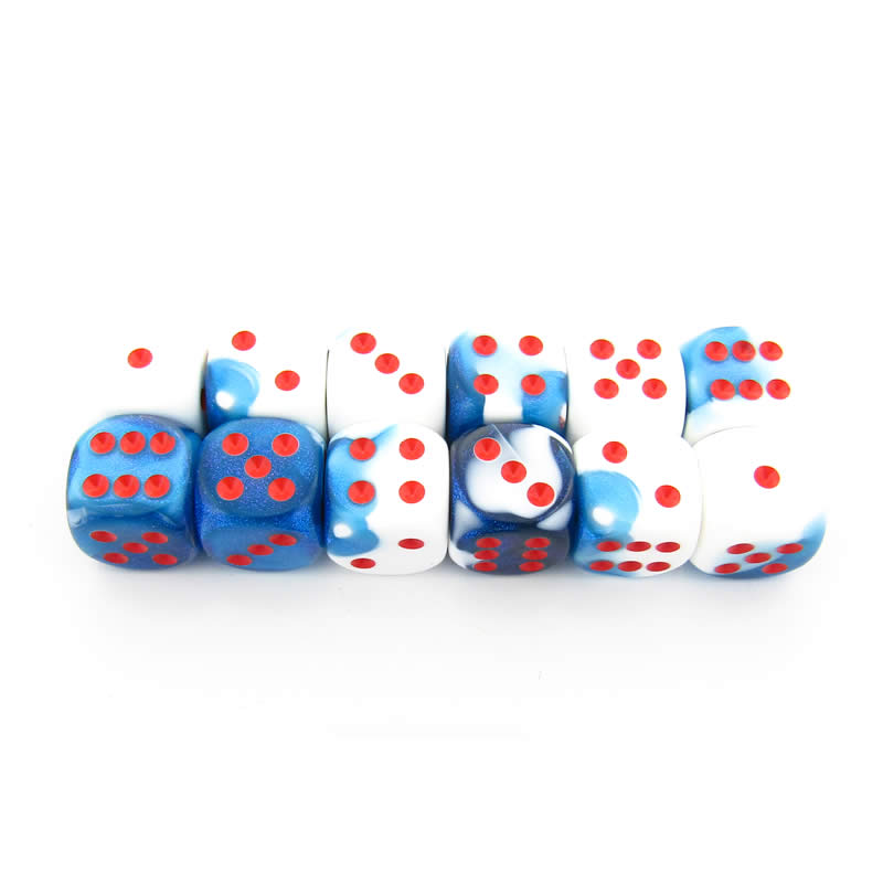 CHX26657 Astral Blue White Gemini Dice Red Pips D6 16mm Pack of 12 (ONLINE ORDER ONLY)