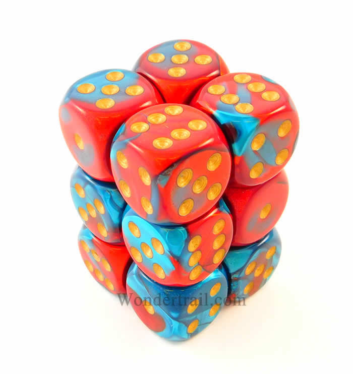 CHX26662 Red Teal Gemini Dice Gold Pips D6 16mm (5/8in) Pack of 12 (ONLINE ORDER ONLY)