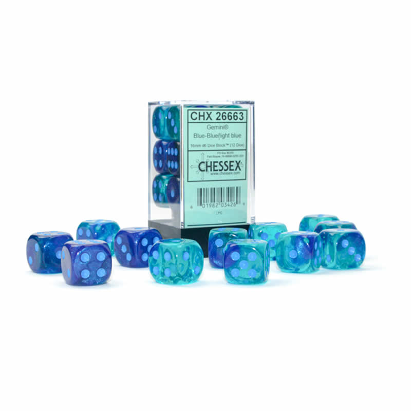 CHX26663 Blue Gemini Luminary Dice with Light Blue Pips D6 16mm (5/8in) Pack of 12 (ONLINE ORDER ONLY)