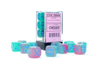 Chessex Gemini Gel Green-Pink/Blue Luminary 16MM D6 Dice Block (12 dice)