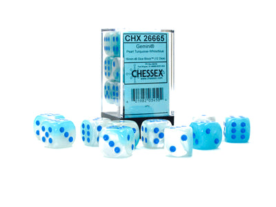 Chessex Gemini Pearl Turquoise-White/Blue Luminary 16MM D6 Dice Block (12 dice)