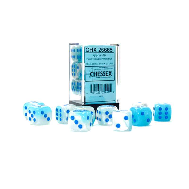 CHX26665 Turquoise and White Gemini Luminary Dice with Blue Pips D6 16mm (5/8in) Pack of 12 (ONLINE ORDER ONLY)