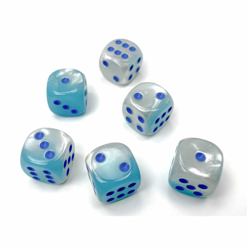 CHX26665 Turquoise and White Gemini Luminary Dice with Blue Pips D6 16mm (5/8in) Pack of 12 (ONLINE ORDER ONLY)