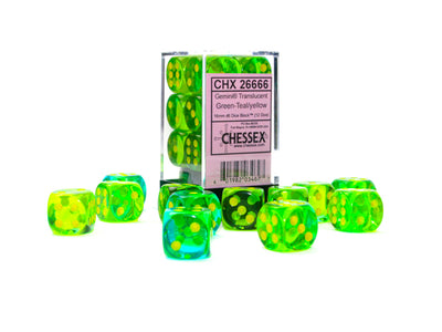 Chessex Gemini Translucent Green-Teal/Yellow 16MM D6 Dice Block (12 dice)