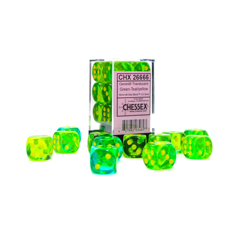 CHX26666 Green and Teal Gemini Translucent Dice with Yellow Pips D6 16mm (5/8in) Pack of 12 (ONLINE ORDER ONLY)