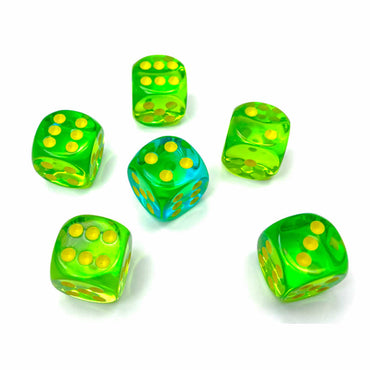 CHX26666 Green and Teal Gemini Translucent Dice with Yellow Pips D6 16mm (5/8in) Pack of 12 (ONLINE ORDER ONLY)