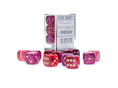 Chessex Gemini Translucent Red-Violet/Gold 16MM D6 Dice Block (12 dice)