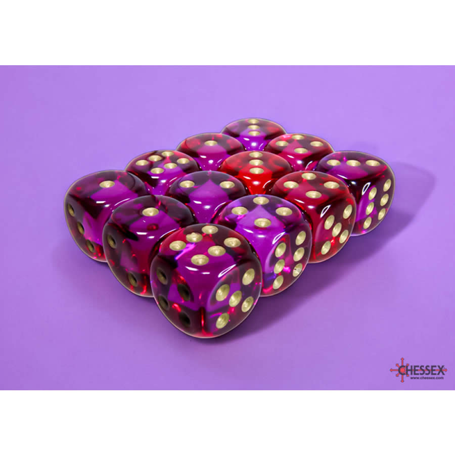 CHX26667 Red and Violet Gemini Translucent Dice with Gold Colored Pips D6 16mm (5/8in) Pack of 12 (ONLINE ORDER ONLY)