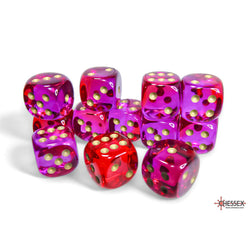 CHX26667 Red and Violet Gemini Translucent Dice with Gold Colored Pips D6 16mm (5/8in) Pack of 12 (ONLINE ORDER ONLY)