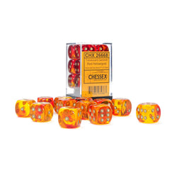 CHX26668 Red and Yellow Gemini Translucent Dice with Gold Colored Pips D6 16mm (5/8in) Pack of 12 (ONLINE ORDER ONLY)
