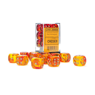 CHX26668 Red and Yellow Gemini Translucent Dice with Gold Colored Pips D6 16mm (5/8in) Pack of 12 (ONLINE ORDER ONLY)