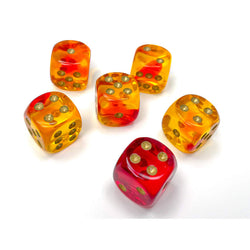 CHX26668 Red and Yellow Gemini Translucent Dice with Gold Colored Pips D6 16mm (5/8in) Pack of 12 (ONLINE ORDER ONLY)