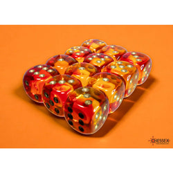 CHX26668 Red and Yellow Gemini Translucent Dice with Gold Colored Pips D6 16mm (5/8in) Pack of 12 (ONLINE ORDER ONLY)