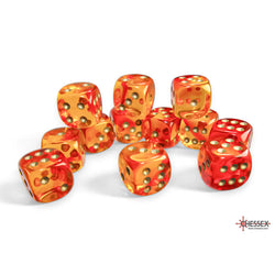 CHX26668 Red and Yellow Gemini Translucent Dice with Gold Colored Pips D6 16mm (5/8in) Pack of 12 (ONLINE ORDER ONLY)