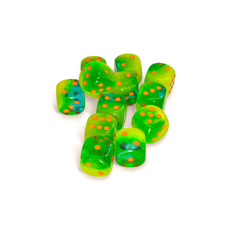 CHX26670 Plasma Green and Teal Gemini Luminary Dice with Orange Pips D6 16mm (5/8in) Pack of 12 (ONLINE ORDER ONLY)