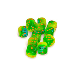 CHX26670 Plasma Green and Teal Gemini Luminary Dice with Orange Pips D6 16mm (5/8in) Pack of 12 (ONLINE ORDER ONLY)