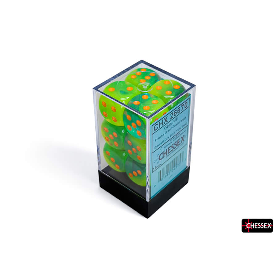 CHX26670 Plasma Green and Teal Gemini Luminary Dice with Orange Pips D6 16mm (5/8in) Pack of 12 (ONLINE ORDER ONLY)