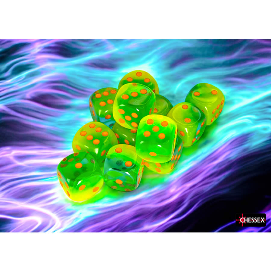 CHX26670 Plasma Green and Teal Gemini Luminary Dice with Orange Pips D6 16mm (5/8in) Pack of 12 (ONLINE ORDER ONLY)