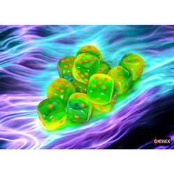 CHX26670 Plasma Green and Teal Gemini Luminary Dice with Orange Pips D6 16mm (5/8in) Pack of 12 (ONLINE ORDER ONLY)
