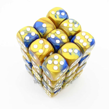 CHX26822 Blue Gold Gemini Dice White Pips D6 12mm (1/2in) Pack of 36 (ONLINE ORDER ONLY)